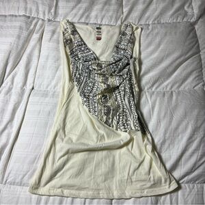 Free People Cream and Black Patterned Tank Top with Gold Accents